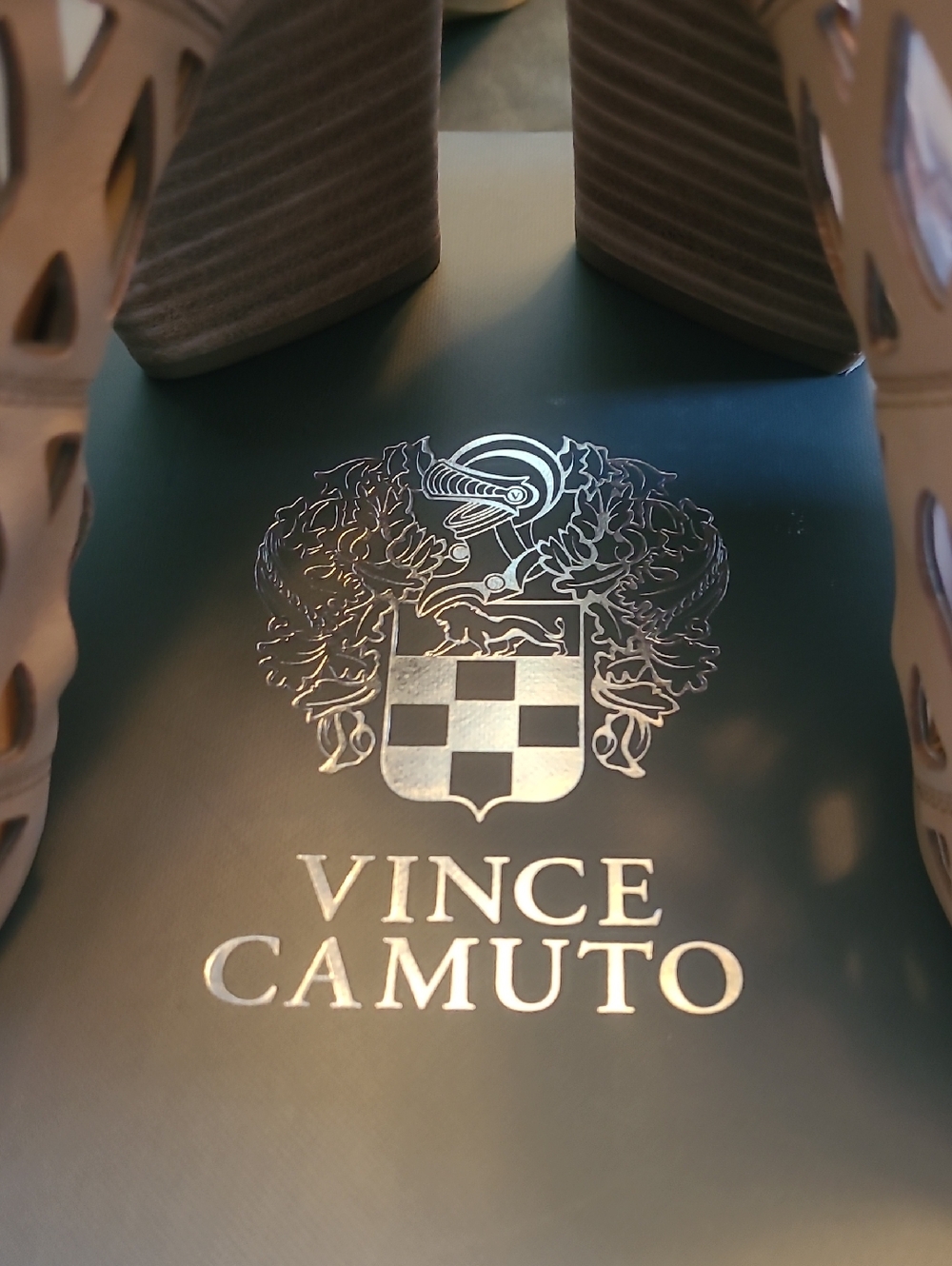 Vince Camuto Laser-Cut Block Heel Sandals - Beige